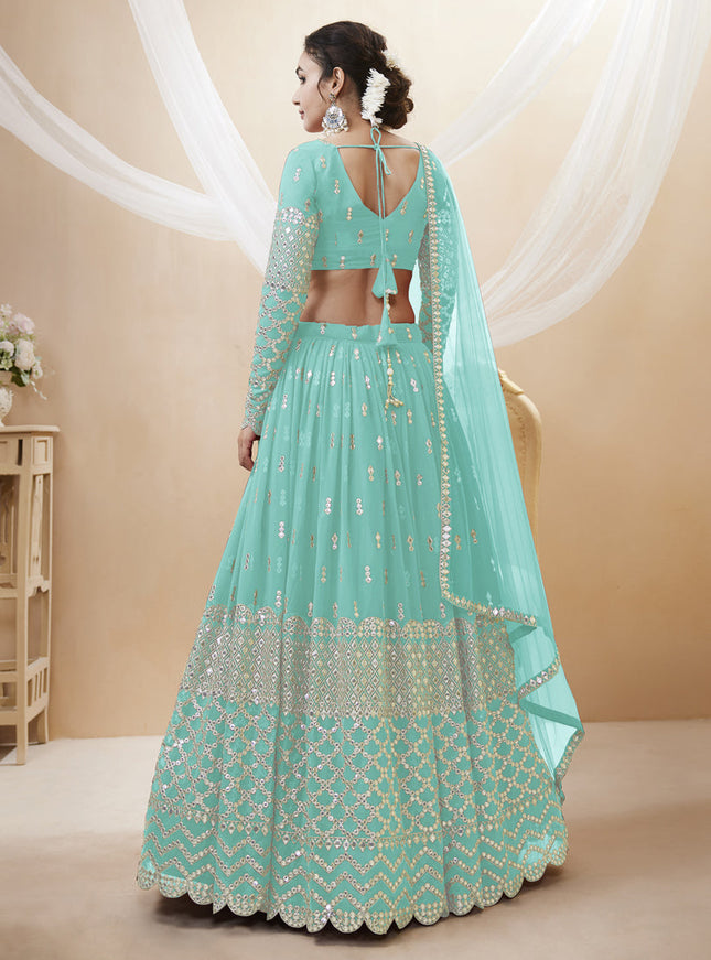 Aqua Blue Georgette Embroidered Lehenga Choli