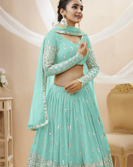 Aqua Blue Georgette Embroidered Lehenga Choli