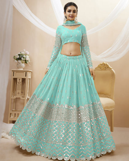 Aqua Blue Georgette Embroidered Lehenga Choli