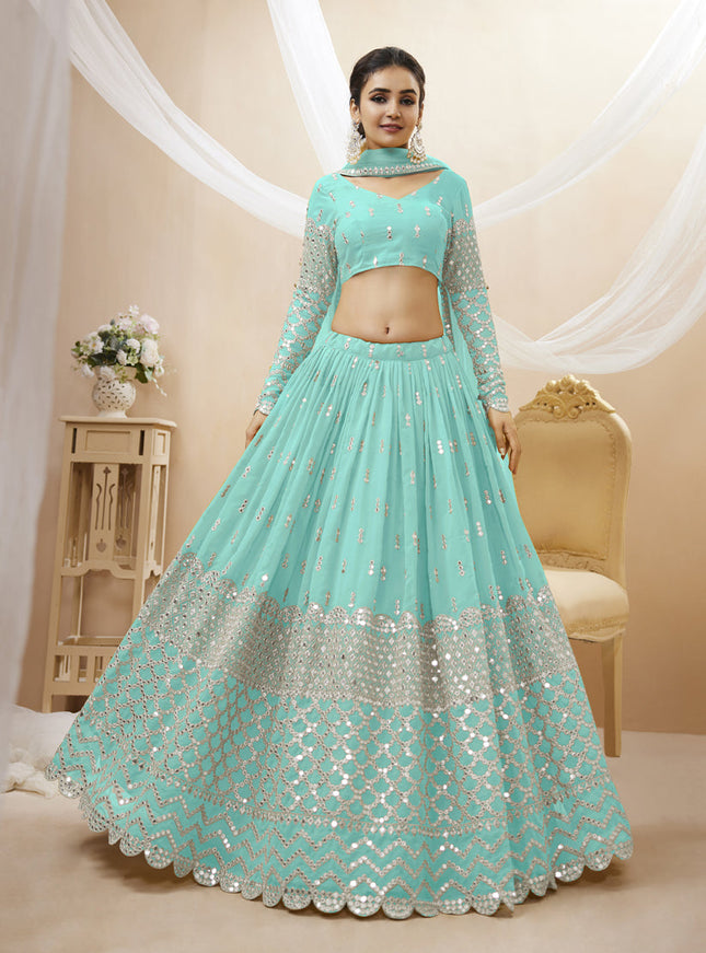 Aqua Blue Georgette Embroidered Lehenga Choli