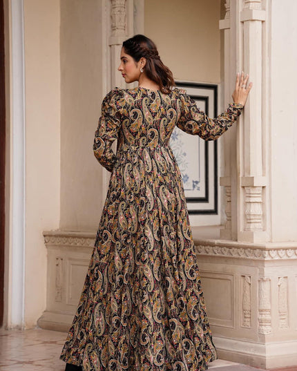 Black Faux Georgette Printed Indowestern