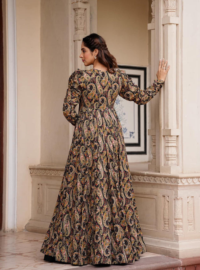 Black Faux Georgette Printed Indowestern