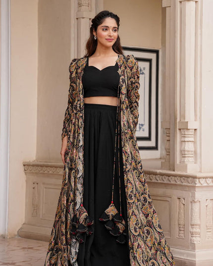 Black Faux Georgette Printed Indowestern