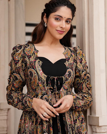 Black Faux Georgette Printed Indowestern