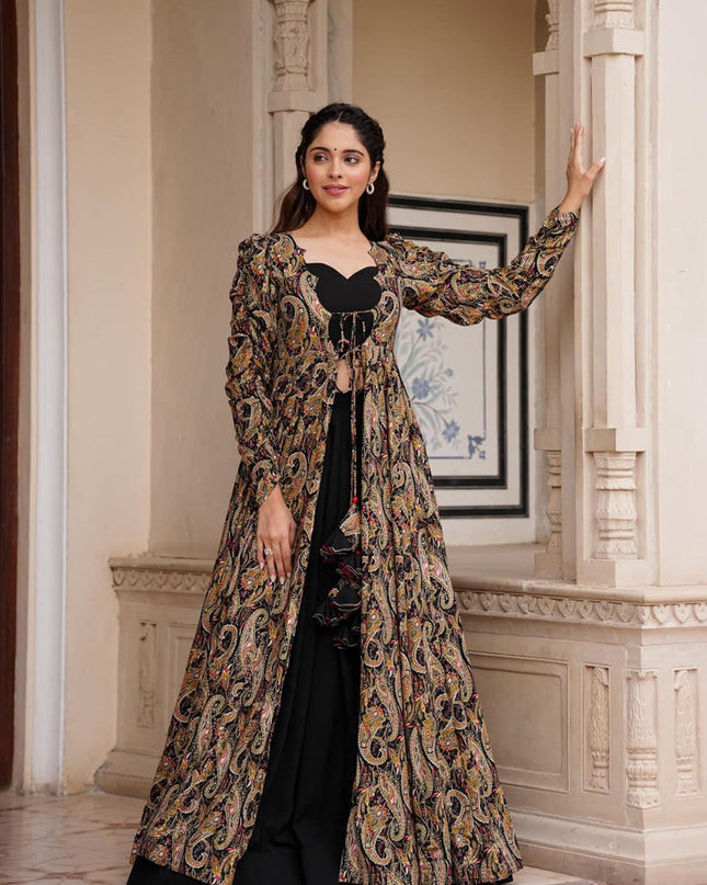 Black Faux Georgette Printed Indowestern