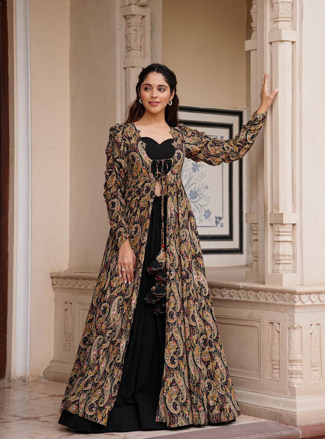 Black Faux Georgette Printed Indowestern