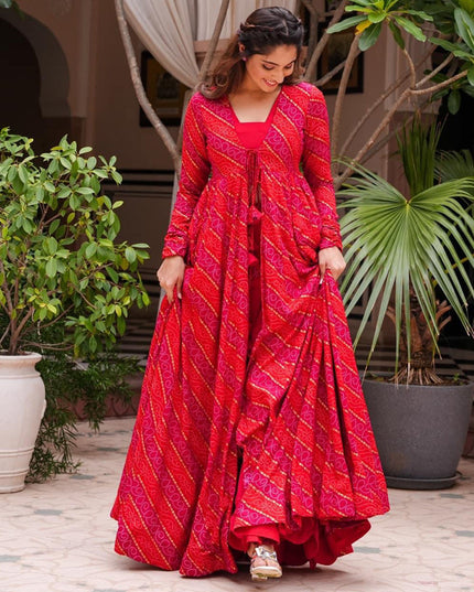 Hot Pink Faux Georgette Printed Indowestern