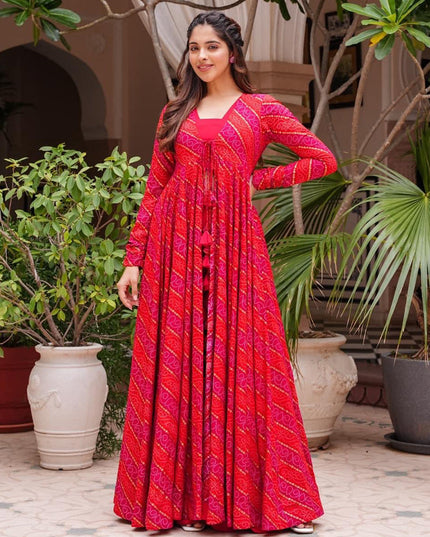 Hot Pink Faux Georgette Printed Indowestern