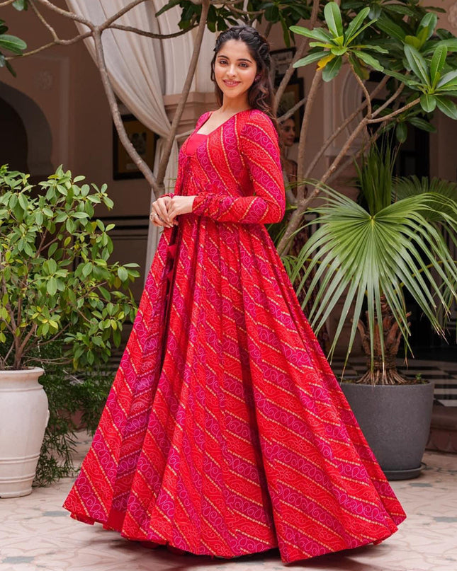 Hot Pink Faux Georgette Printed Indowestern