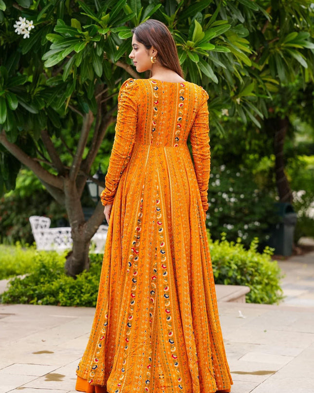 Mustard Yellow Faux Georgette Printed Indowestern