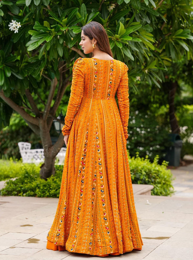 Mustard Yellow Faux Georgette Printed Indowestern