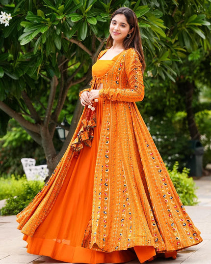 Mustard Yellow Faux Georgette Printed Indowestern