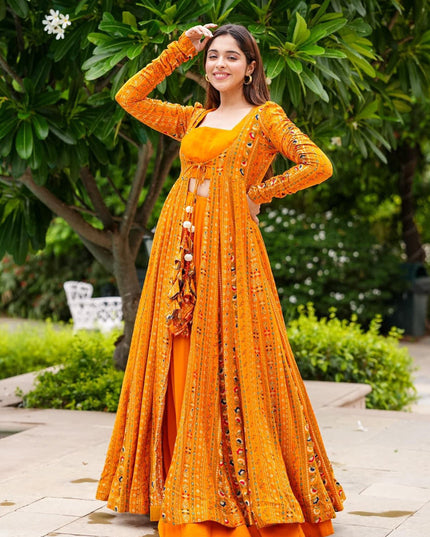 Mustard Yellow Faux Georgette Printed Indowestern