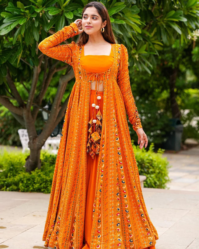 Mustard Yellow Faux Georgette Printed Indowestern