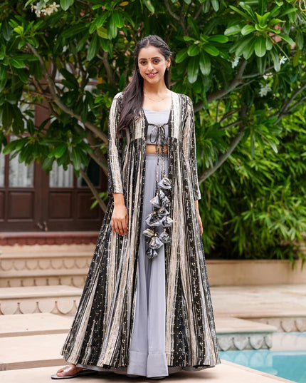 Grey Faux Georgette Printed Indowestern