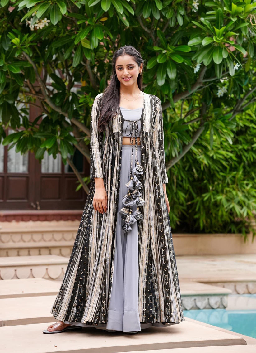 Grey Faux Georgette Printed Indowestern