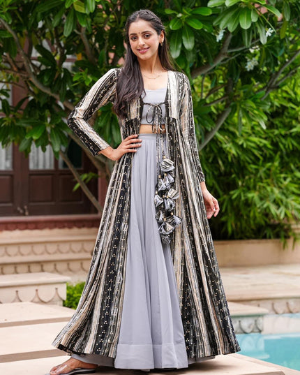 Grey Faux Georgette Printed Indowestern