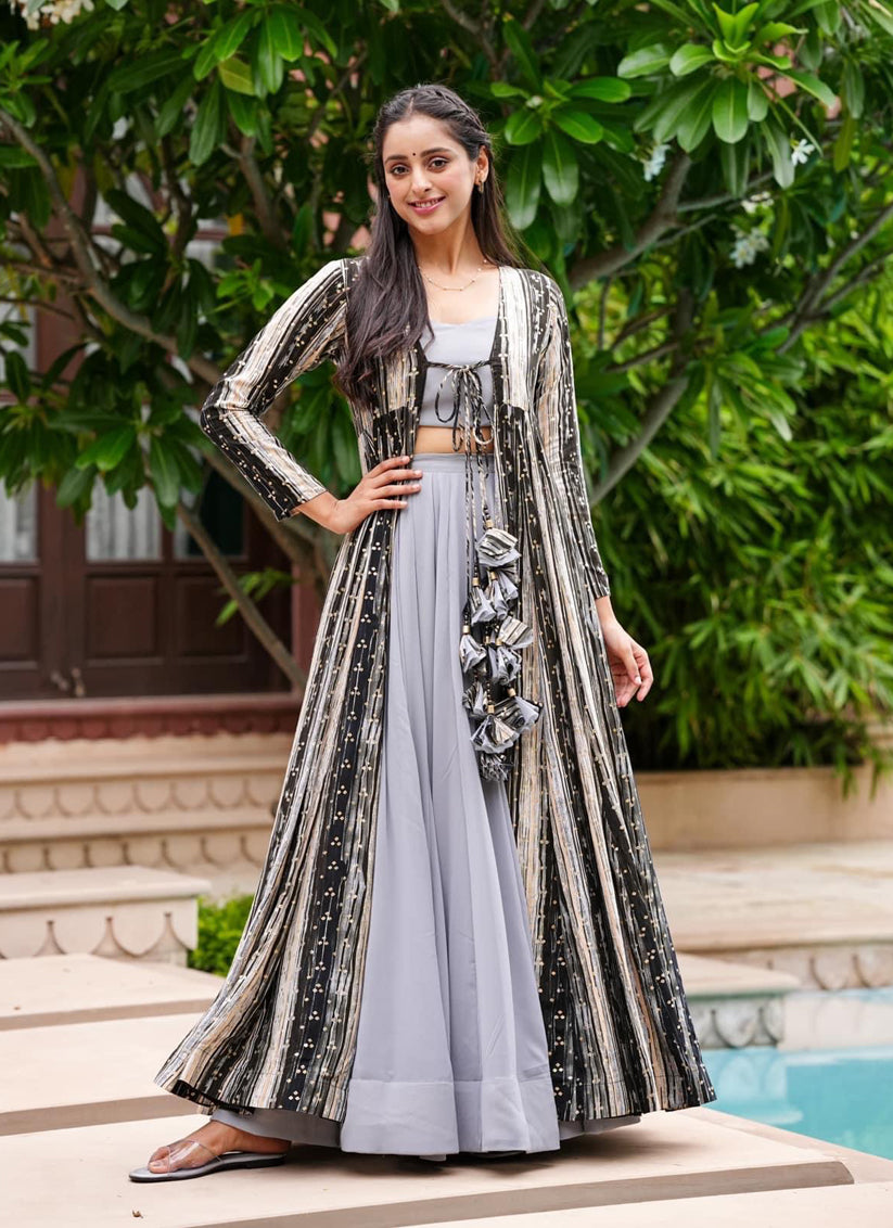 Grey Faux Georgette Printed Indowestern
