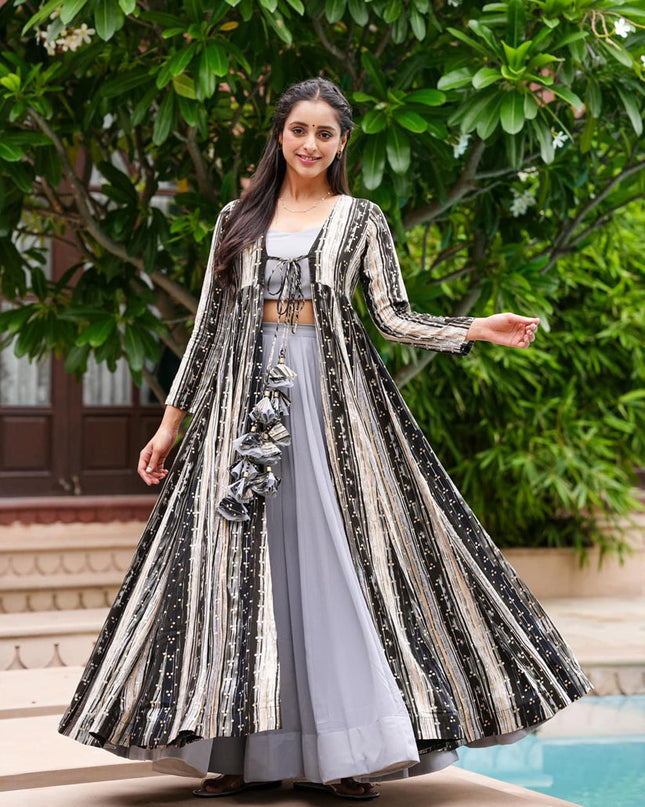 Grey Faux Georgette Printed Indowestern