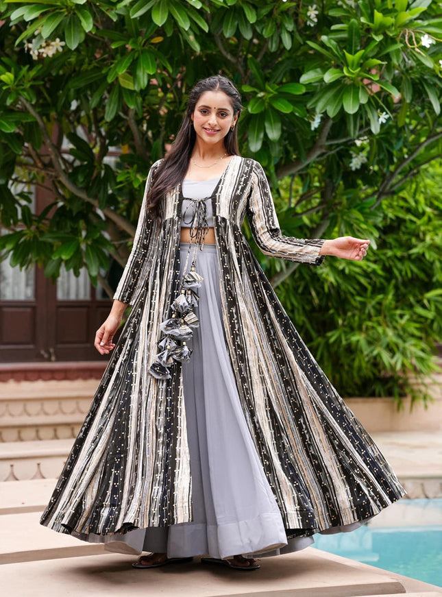 Grey Faux Georgette Printed Indowestern