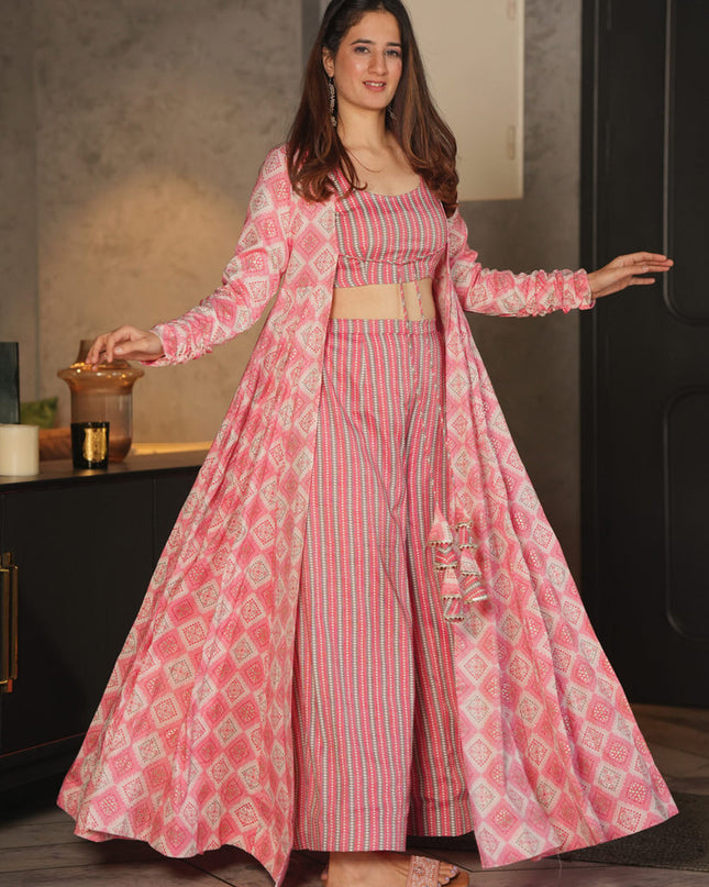 Light Pink Faux Georgette Printed Indowestern