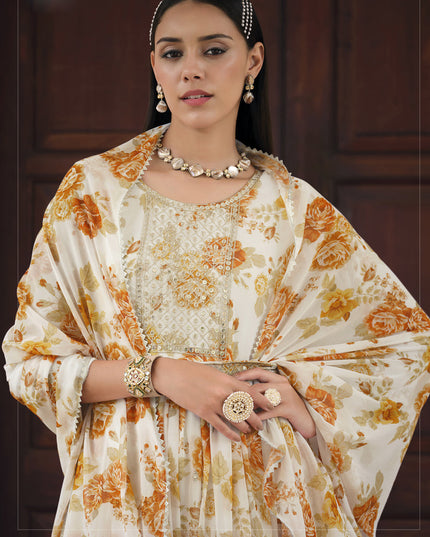 Cream Real Georgette Churidar Kameez Suit