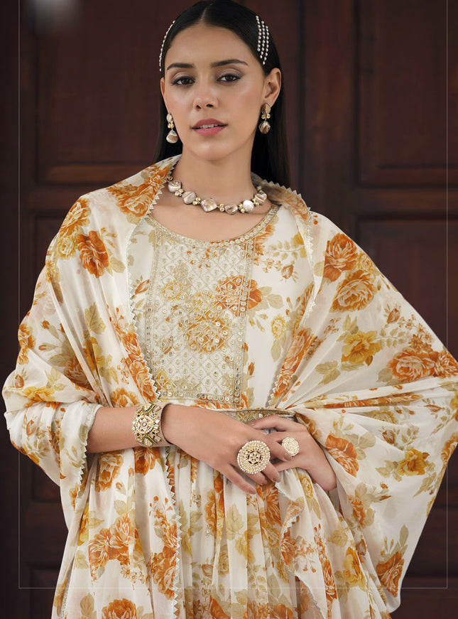 Cream Real Georgette Churidar Kameez Suit