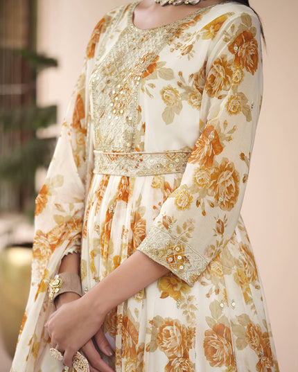 Cream Real Georgette Churidar Kameez Suit