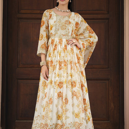 Cream Real Georgette Churidar Kameez Suit