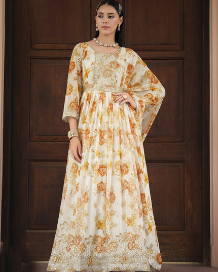 Cream Real Georgette Churidar Kameez Suit