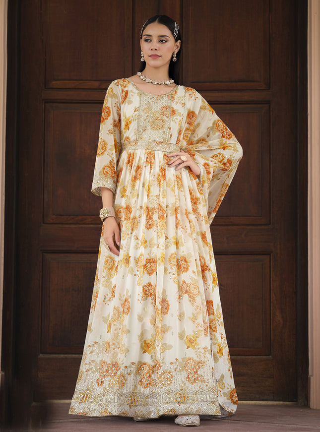 Cream Real Georgette Churidar Kameez Suit