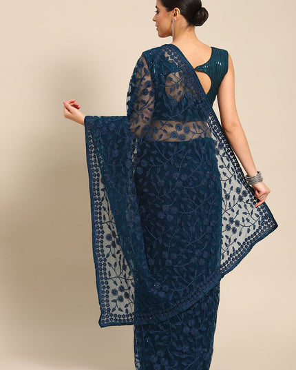 Peacock Blue Net Embroidered Saree