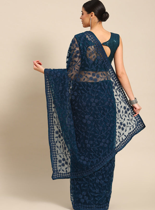 Peacock Blue Net Embroidered Saree