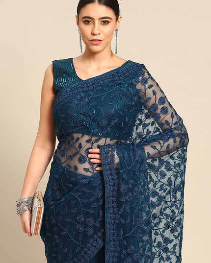 Peacock Blue Net Embroidered Saree