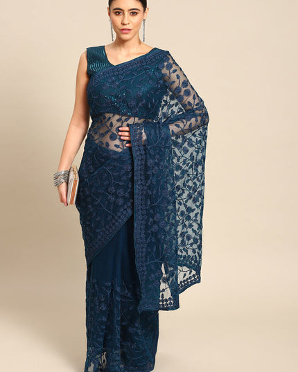Peacock Blue Net Embroidered Saree