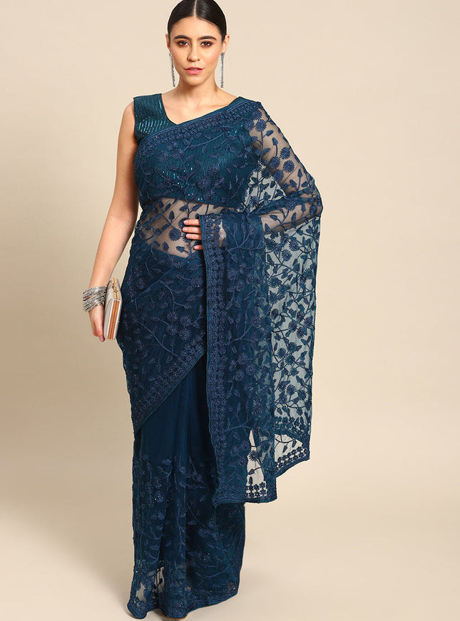 Peacock Blue Net Embroidered Saree