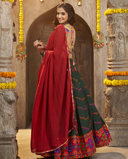 Navratri Special Bottle Green Rayon Embroidered Chaniya Choli