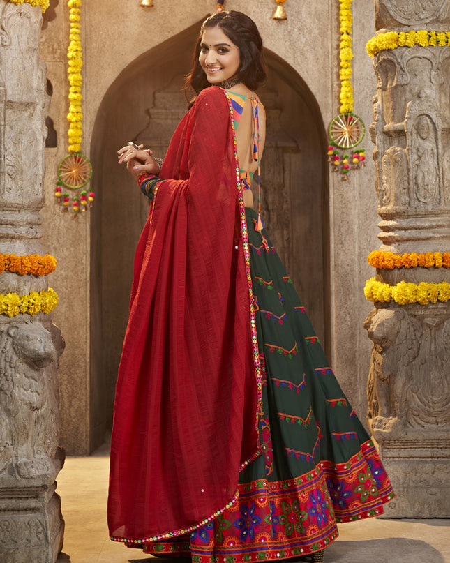 Navratri Special Bottle Green Rayon Embroidered Chaniya Choli