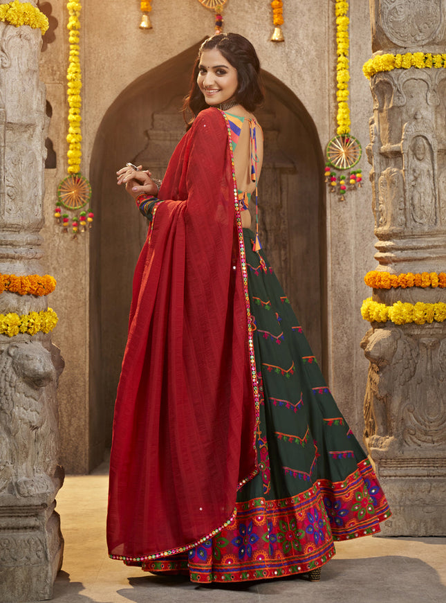 Navratri Special Bottle Green Rayon Embroidered Chaniya Choli