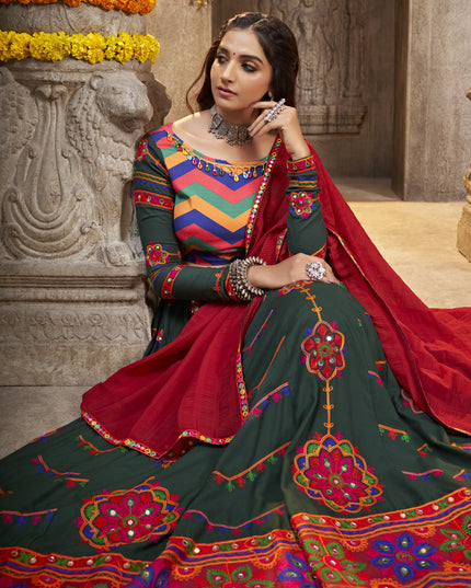 Navratri Special Bottle Green Rayon Embroidered Chaniya Choli