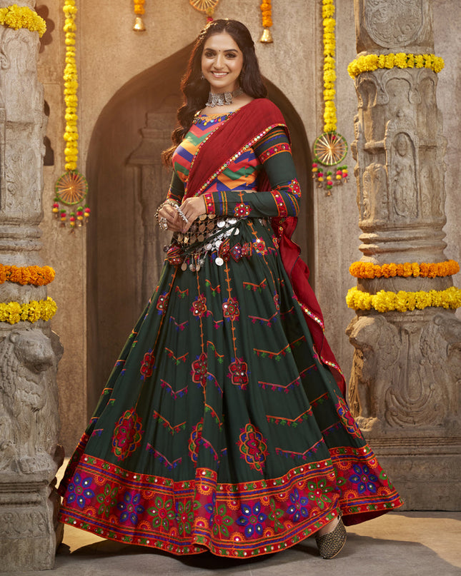 Navratri Special Bottle Green Rayon Embroidered Chaniya Choli