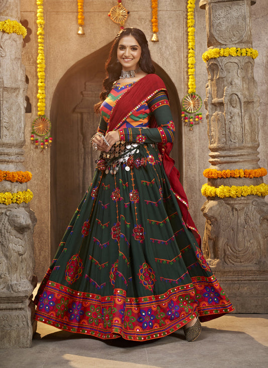 Navratri Special Bottle Green Rayon Embroidered Chaniya Choli