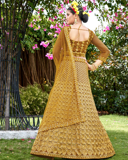 Mustard Yellow Net Embroidered Lehenga Choli