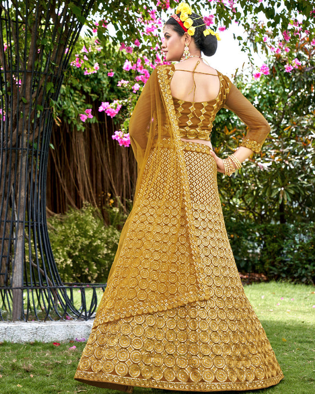 Mustard Yellow Net Embroidered Lehenga Choli
