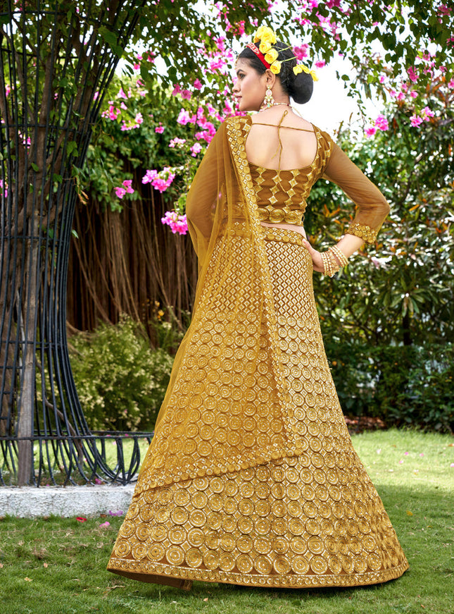 Mustard Yellow Net Embroidered Lehenga Choli