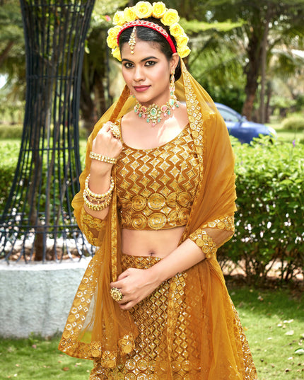Mustard Yellow Net Embroidered Lehenga Choli
