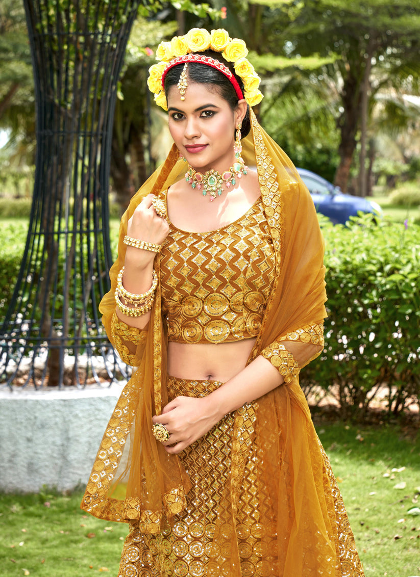 Mustard Yellow Net Embroidered Lehenga Choli