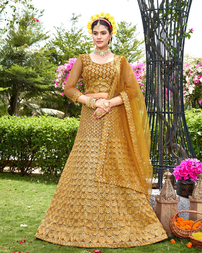 Mustard Yellow Net Embroidered Lehenga Choli