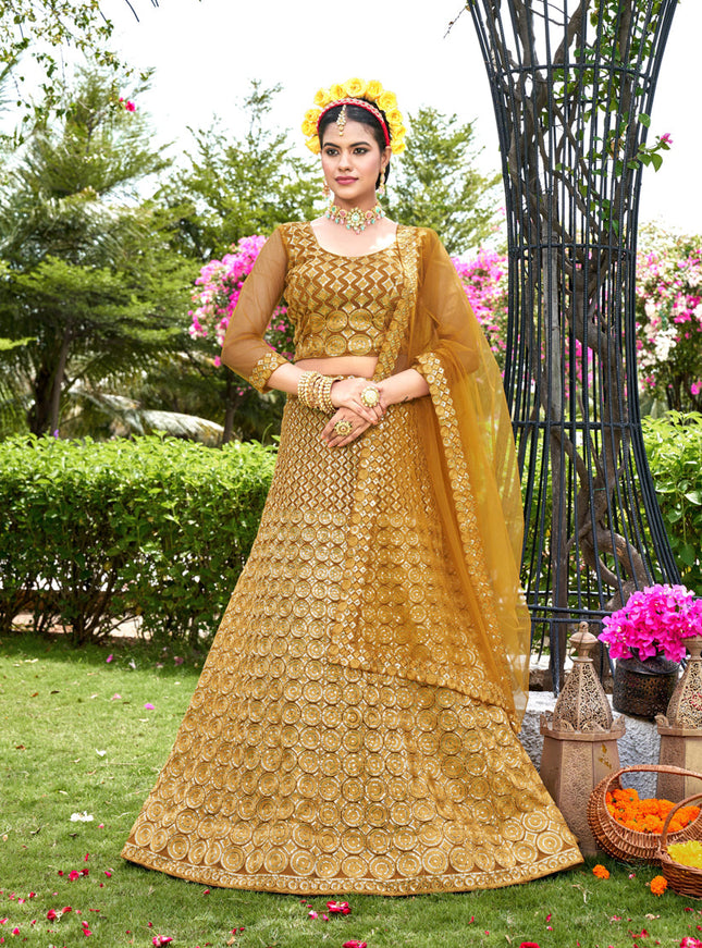 Mustard Yellow Net Embroidered Lehenga Choli