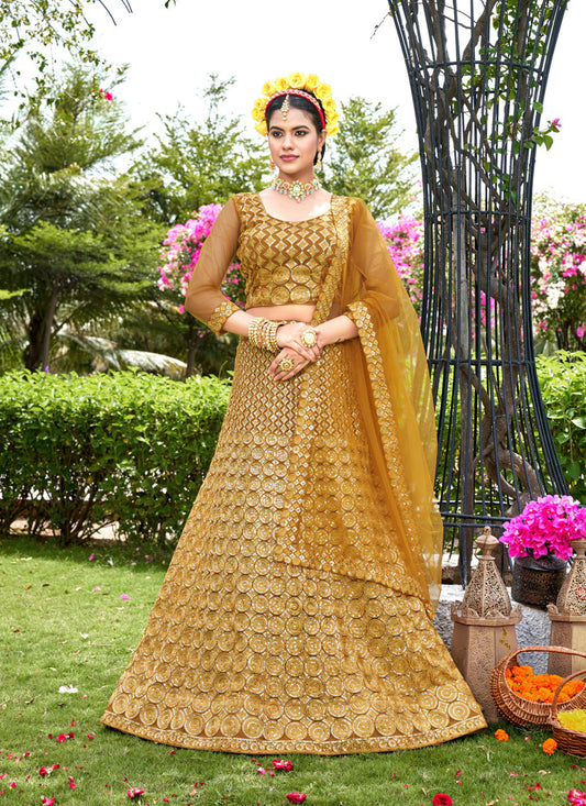 Mustard Yellow Net Embroidered Lehenga Choli